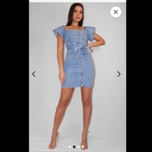 Light blue belted denim mini dress